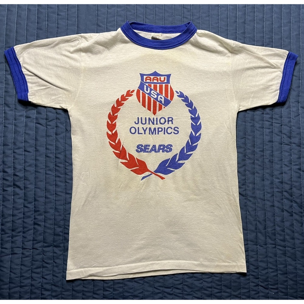 Vintage Sears Junior Olympics AAU USA Ringer T Shirt Youth Size Medium White